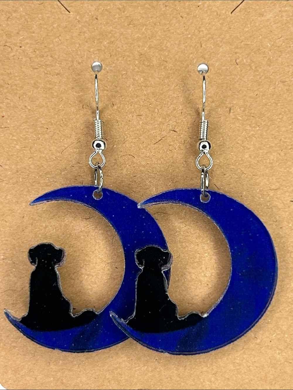 Blue Crescent Moon Earrings with Black Dog Silhouette Fashion Jewelry